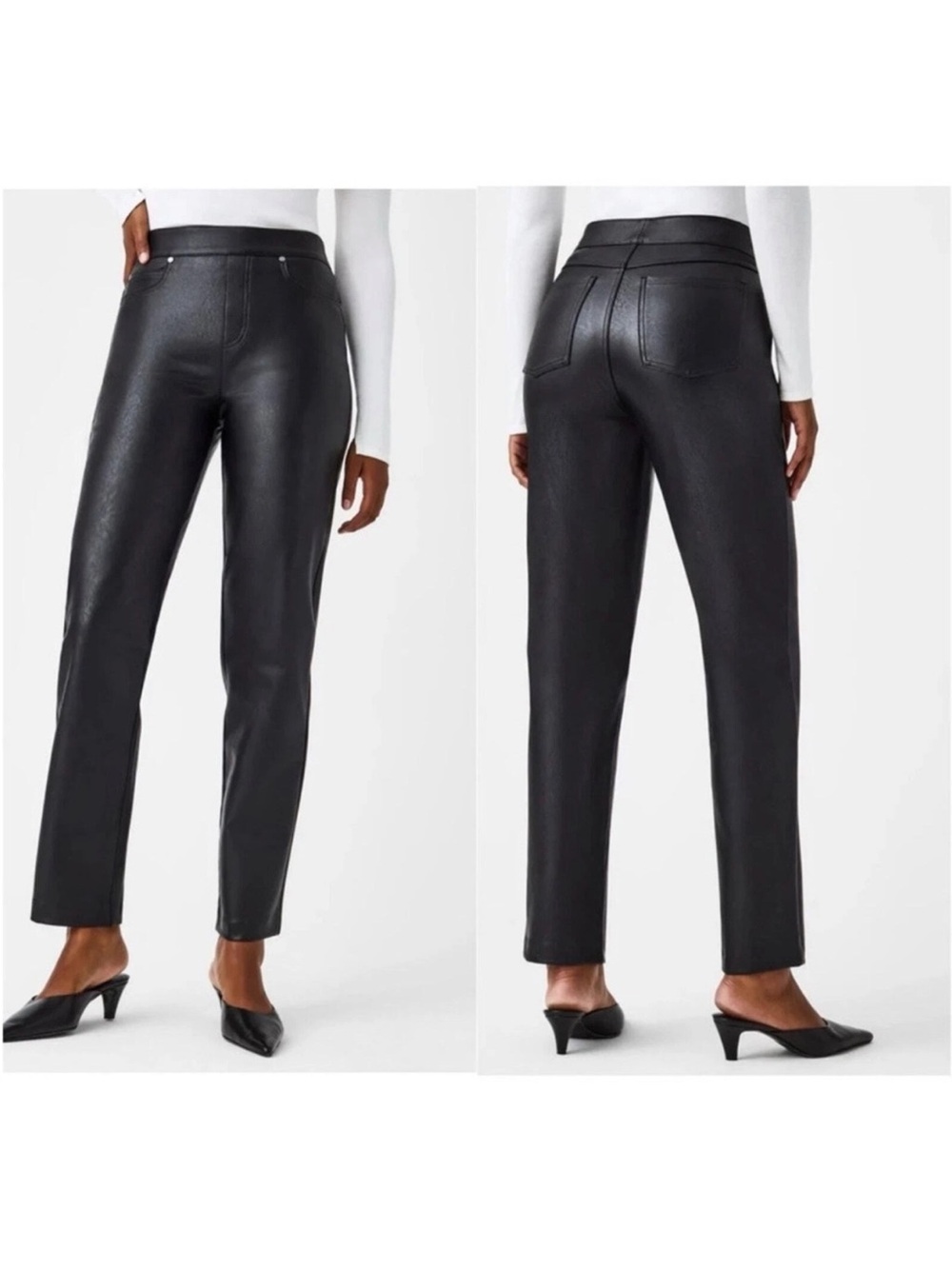 NWT SPANX Leather-Like Straight Leg Pant Luxe Black in Size Large / Petite